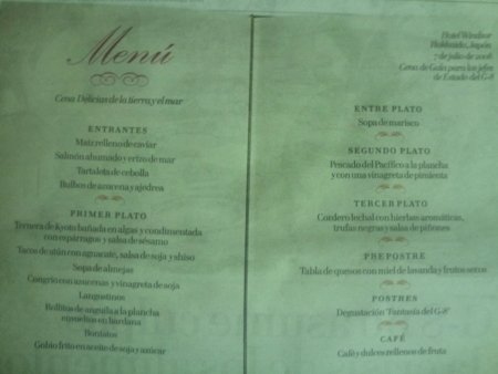 G8 Dinner Menu