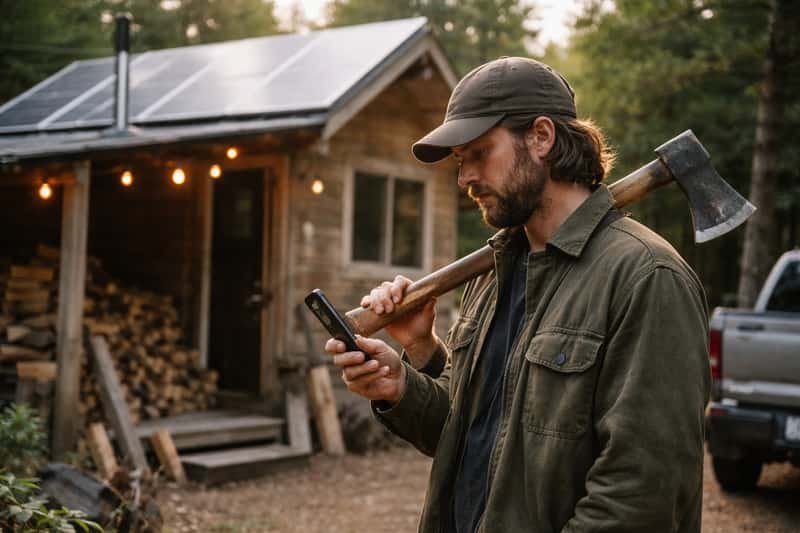 Man sitting alone in rustic cabin interior, laptop closed on Man sitting alone in rustic cabin interior, laptop closed on wooden table, window showing forest landscape, no visible phone