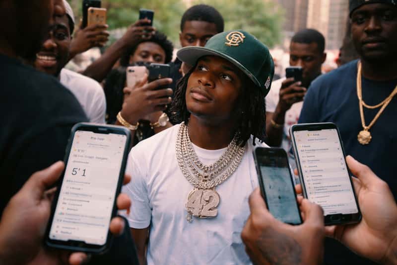 Smartphone screen displaying search results for "42 Dugg Smartphone screen displaying search results for "42 Dugg height" with Google logo visible, held at eye level against blurred