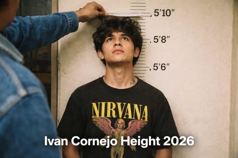Ivan Cornejo standing against a height measurement wall with Ivan Cornejo standing against a height measurement wall with numerical markings, wearing casual clothing, looking directly at