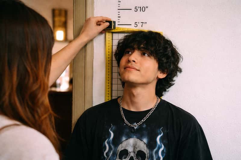 Ivan Cornejo standing next to a height measurement wall Ivan Cornejo standing next to a height measurement wall chart during a professional photo session