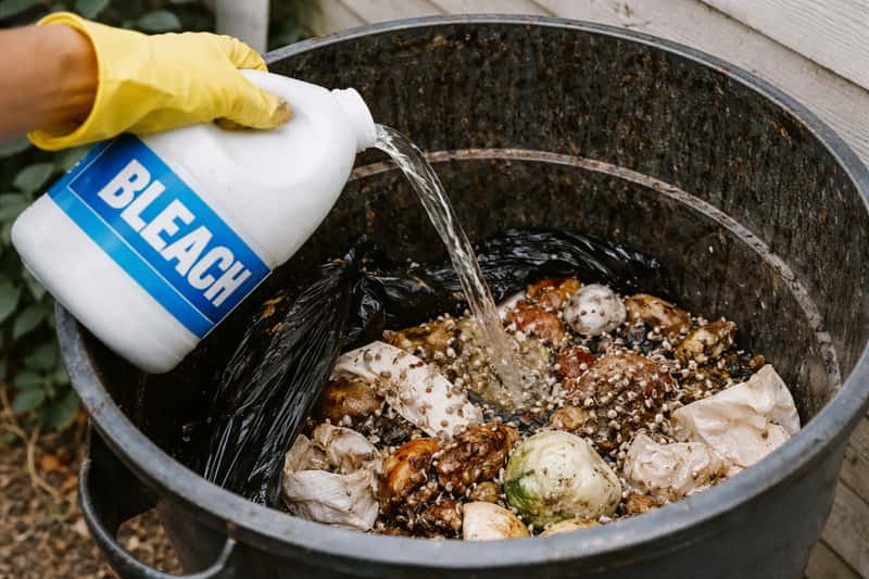 Bleach solution being poured into a trash can containing decomposing food waste and visible maggots