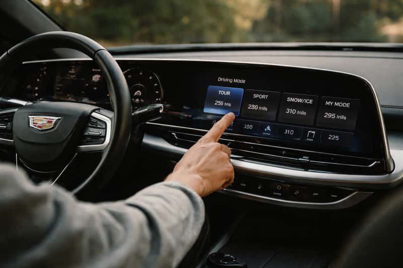 Cadillac Lyriq dashboard display showing driving mode Cadillac Lyriq dashboard display showing driving mode selector with Sport, Normal, and Eco modes highlighted, battery percent