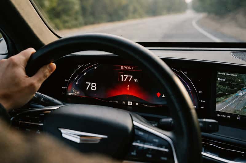 Cadillac Lyriq dashboard display showing Sport mode Cadillac Lyriq dashboard display showing Sport mode activated with battery percentage and range estimate visible on screen