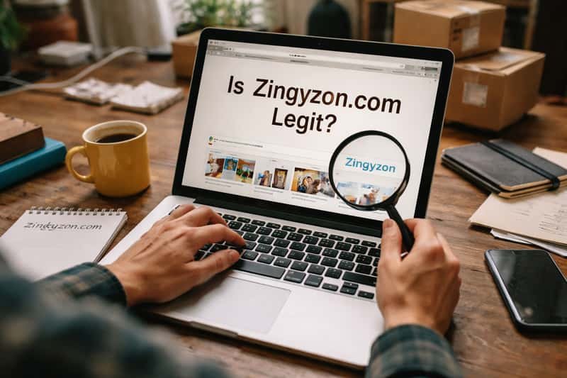 Computer screen displaying zingyzon.com website with magnifying glass and verification checkmark symbols surrounding it on de