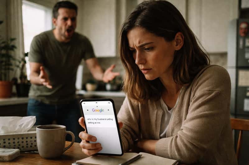 Couple in kitchen, man gesturing with raised voice while woman looks away with arms crossed, morning light through window