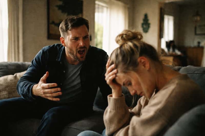 Couple in kitchen, man gesturing with raised voice while woman looks away with arms crossed, morning dishes on counter