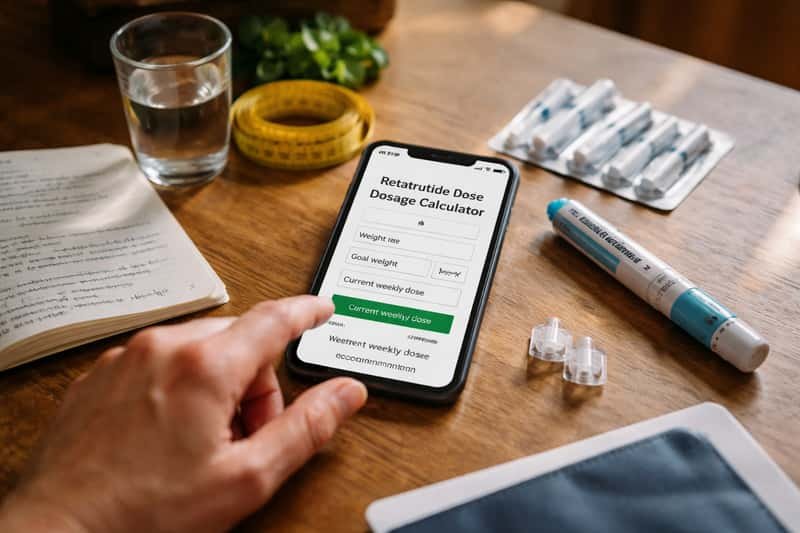 Digital interface showing dosage calculation fields with weight input, medication vial, and syringe on clinical workspace