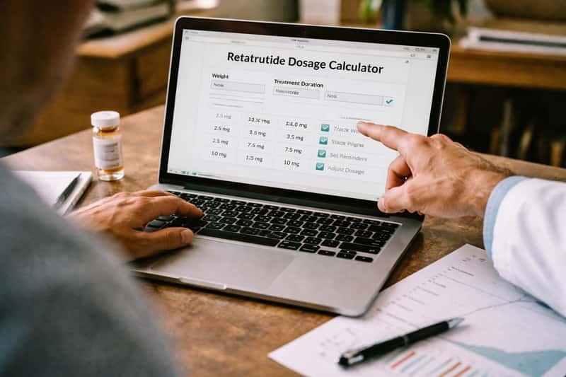 Digital interface showing medication dosage calculator with input fields, measurement units, and calculated results displayed