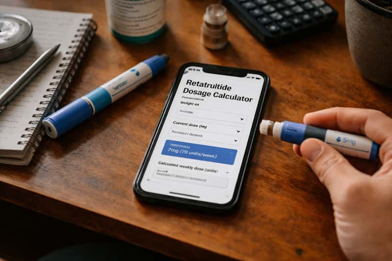 Digital interface showing retatrutide dosage calculator with input fields, measurement units, and calculated dose results on 