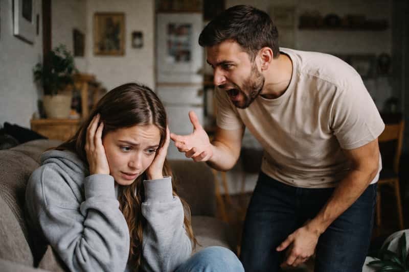 Frustrated man gesturing while speaking to woman who looks away, sitting on opposite ends of a couch in a living room