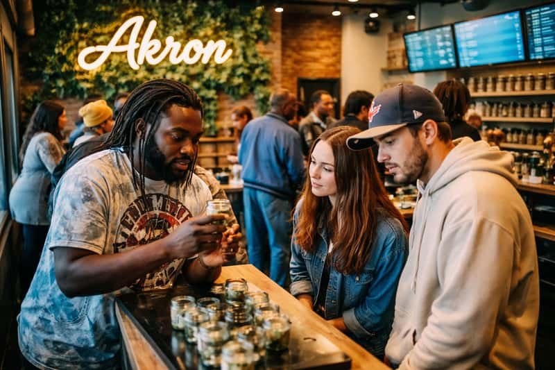 Interior of Akron dispensary with shelves of cannabis Interior of Akron dispensary with shelves of cannabis products, customers browsing, staff member behind counter assisting cus