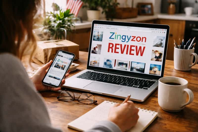 Screenshot of zingyzon.com homepage displayed on laptop screen with navigation menu and product listings visible