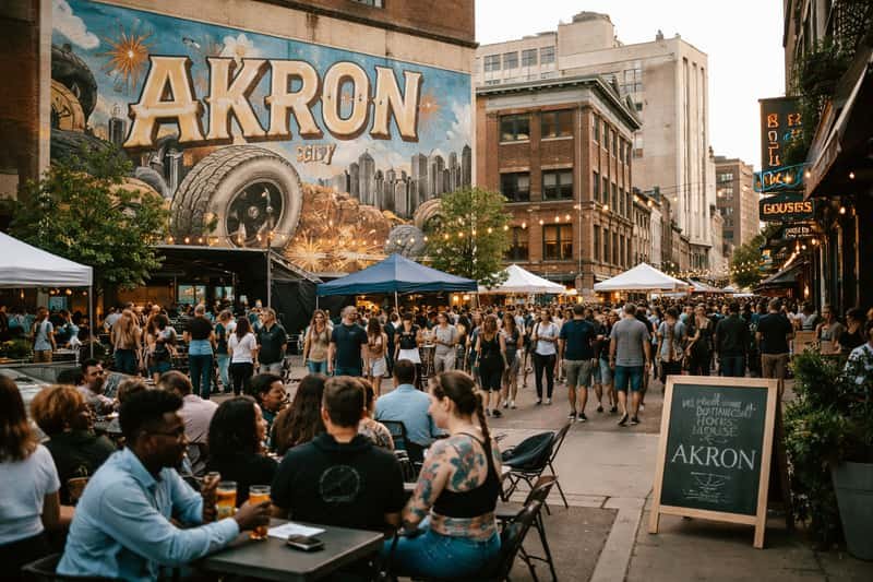 Storefront with "Culture of Akron" signage, vintage brick Storefront with "Culture of Akron" signage, vintage brick building facade, street-level windows displaying local artwork and