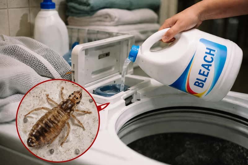 White laundry basket filled with clothes next to a bottle of White laundry basket filled with clothes next to a bottle of bleach on a wooden surface, with a magnified louse visible in an