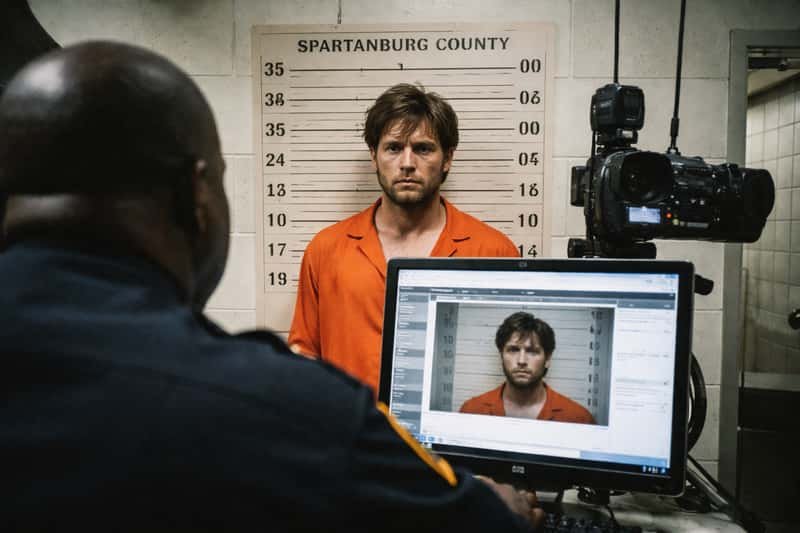 Booking room with mugshot backdrop, camera on tripod, and Booking room with mugshot backdrop, camera on tripod, and officer holding identification placard beside suspect profile marke