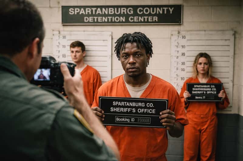 Booking room with mugshot backdrop, camera on tripod, and Booking room with mugshot backdrop, camera on tripod, and officer holding identification placard next to seated detainee
