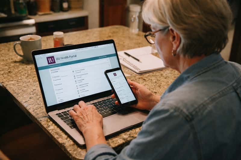 Healthcare provider accessing patient portal on desktop Healthcare provider accessing patient portal on desktop computer in clinical office setting with medical charts visible