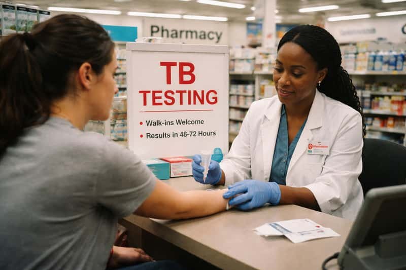 Healthcare worker administering tuberculosis skin test Healthcare worker administering tuberculosis skin test injection on patient's forearm at Walgreens pharmacy counter