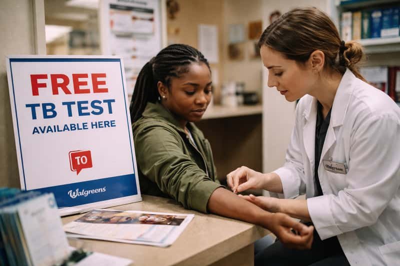 Healthcare worker administering tuberculosis skin test to Healthcare worker administering tuberculosis skin test to patient's forearm at Walgreens pharmacy counter