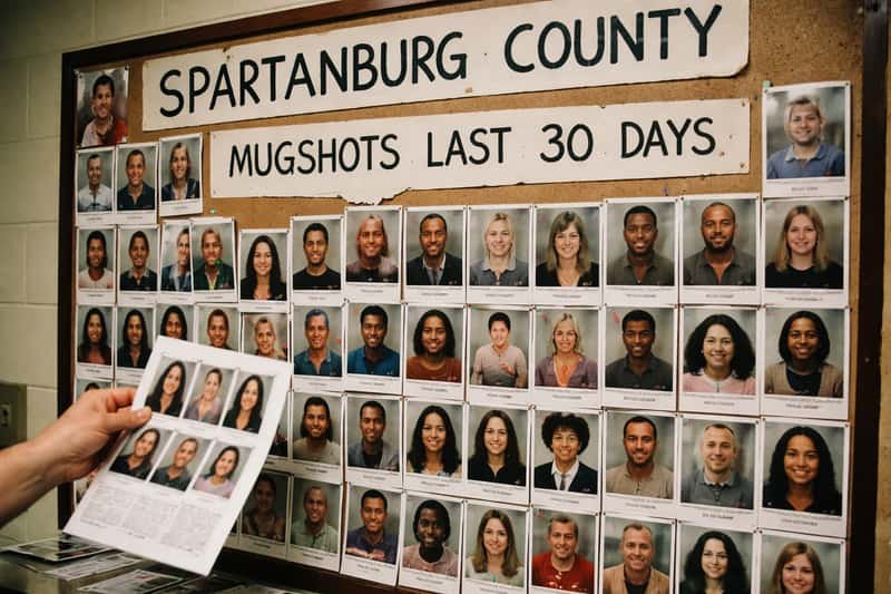 Rows of mugshot booking photos displayed on a computer Rows of mugshot booking photos displayed on a computer monitor in a dimly lit police records office, with filing cabinets vis