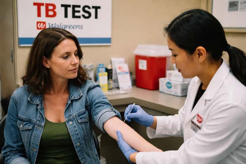 Walgreens pharmacist administering tuberculosis skin test Walgreens pharmacist administering tuberculosis skin test injection on patient's forearm at pharmacy counter