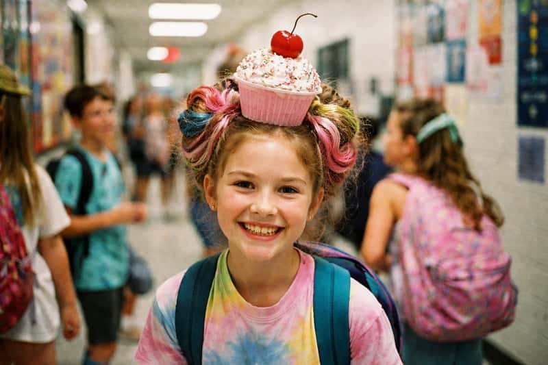 A child with hair sculpted into spikes and styled with A child with hair sculpted into spikes and styled with colorful pipe cleaners.