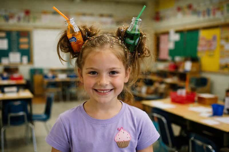 Girl with colorful pipe-cleaner curls and star-shaped clips Girl with colorful pipe-cleaner curls and star-shaped clips in her hair, smiling in a classroom mirror.