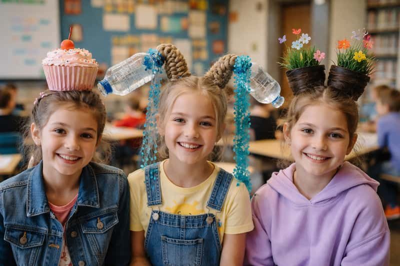 Girl with messy, colorful pipe-cleaner and ribbon twists in Girl with messy, colorful pipe-cleaner and ribbon twists in her hair, smiling in a classroom.